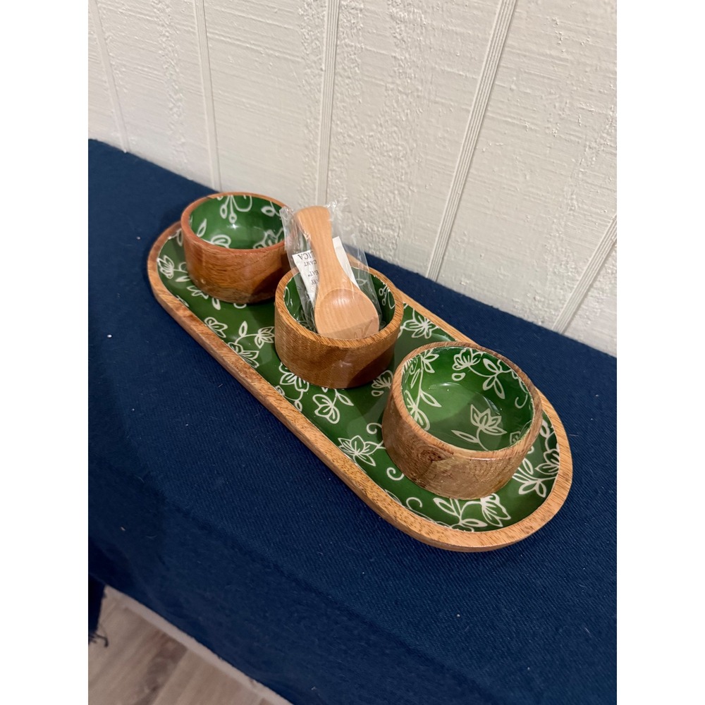 Temp-tations Mango Wood Green Floral Condiment Tray Set with 3 Bowls and Spoon